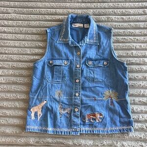 Vintage 100% Cotton Embroidered Denim Vest with Animal Motifs- M